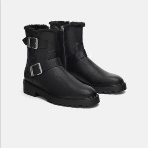 Zara Leather Biker Ankle Boot Black Fur Lined 6.5 Like New